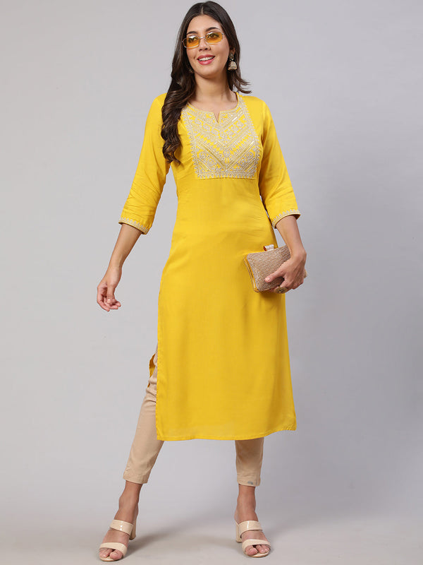 Women's Yellow Embroidered Yoke Desgin Straight Kurta - Nayo Clothing