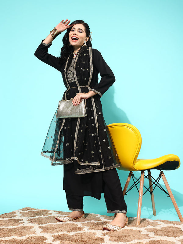 Women's Black Embroidered Straight Kurta With Palazzo And Net Dupatta - Taantav