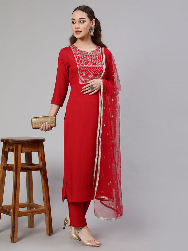 Women's Red Embroidered Straight Kurta With Palazzo And Net Dupatta - Taantav