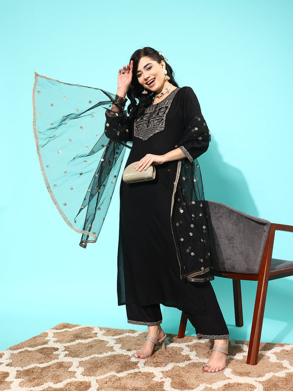 Women's Black Embroidered Straight Kurta With Palazzo And Net Dupatta - Taantav