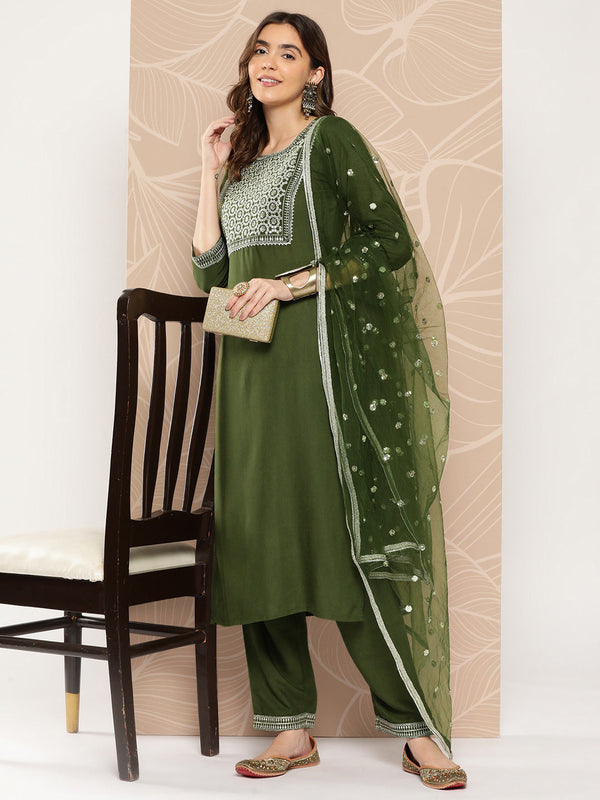 Women's Green Embroidered Straight Kurta With Palazzo And Dupatta - Taantav