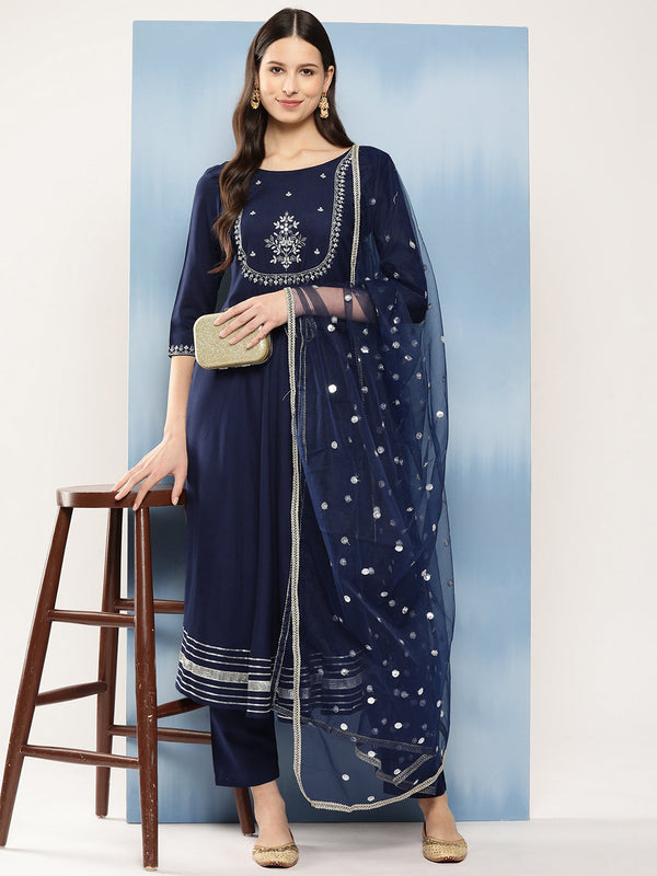 Women's Navy Blue Embroidered Anarkali Kurta With Trouser And Dupatta - Nayo Clothing