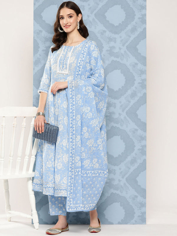 Women's Blue Printed Flared Kurta And Trouser With Dupatta - Taantav