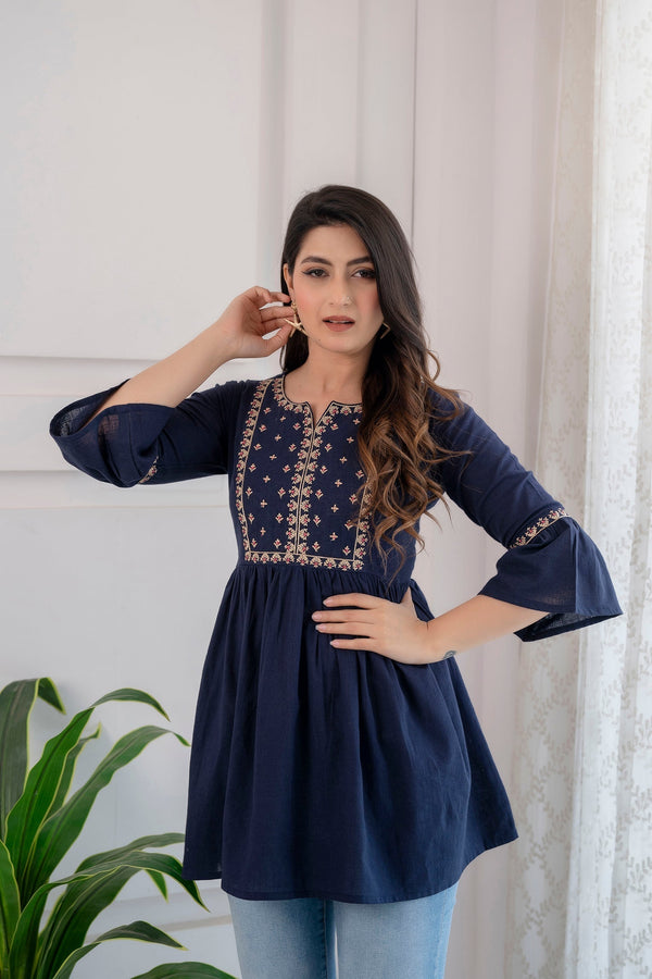 Women's Navy Blue Embroidered Peplum Tunic - Taantav