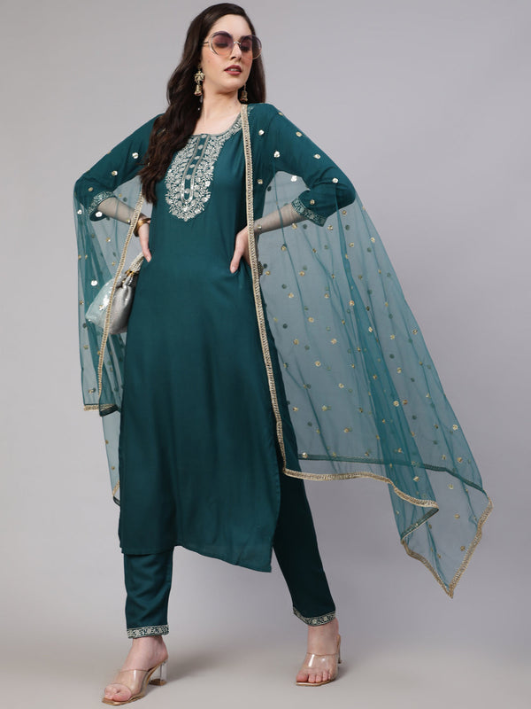 Women's Green Embroidered Straight Kurta With Trouser And Net Dupatta - Taantav