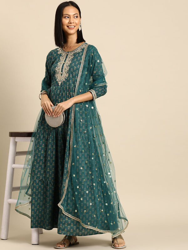 Women's Wome Green Embroidered Flared Dress With Net Dupatta - Nayo Clothing