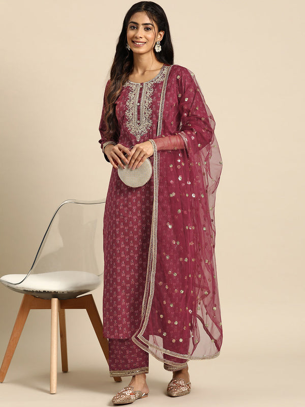 Women's Burgundy Embroidered Straight Kurta With Palazzo And Net Dupatta - Taantav