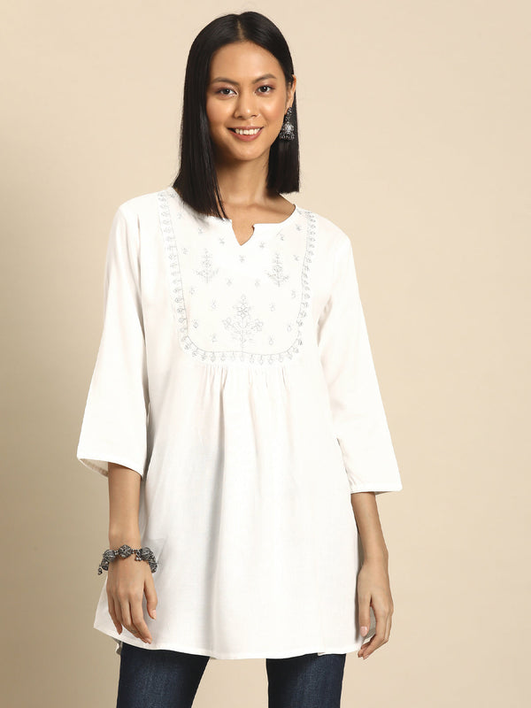 Women's White Embroidered Yoke Straight Tunic With Three Quarter Sleeves - Nayo Clothing