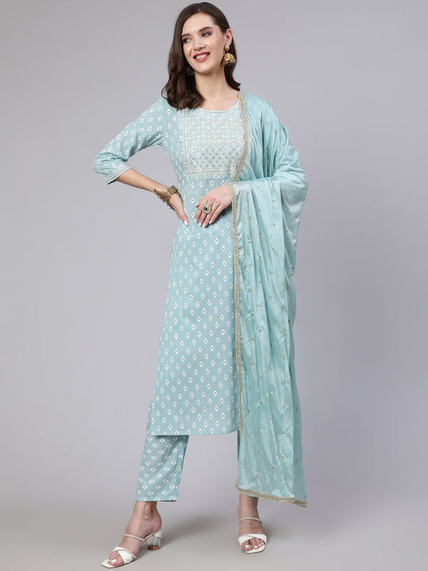 Women's Blue Embroidered Straight Kurta With Trouser And Dupatta - Taantav