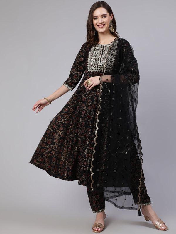 Women's Black Embroidered Flared Kurta With Trouser And Dupatta - Taantav