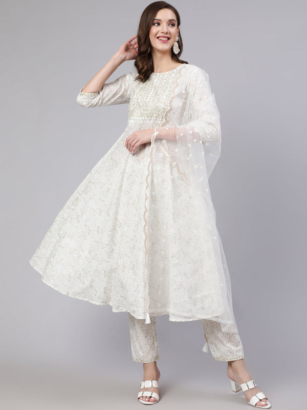 Women's White Embroidered Flared Kurta With Trouser And Dupatta - Nayo Clothing