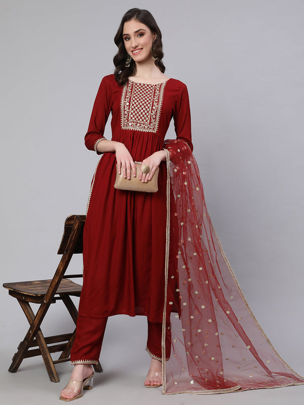 Women's Maroon Embroidered Naira cut Kurta With Trouser And Net Dupatta - Taantav