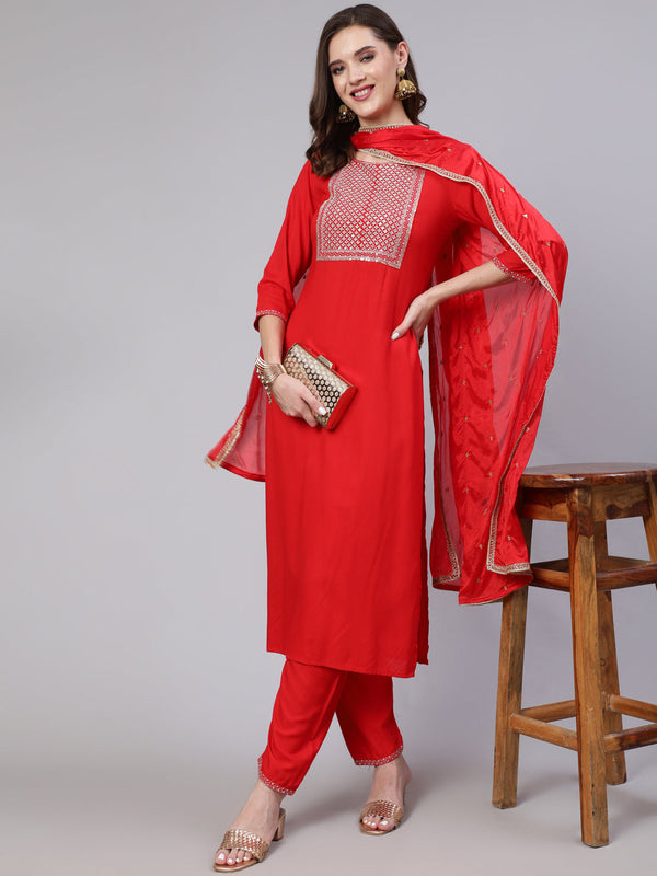 Women's Red Embroidered Straight Kurta With Trouser And Net Dupatta - Taantav