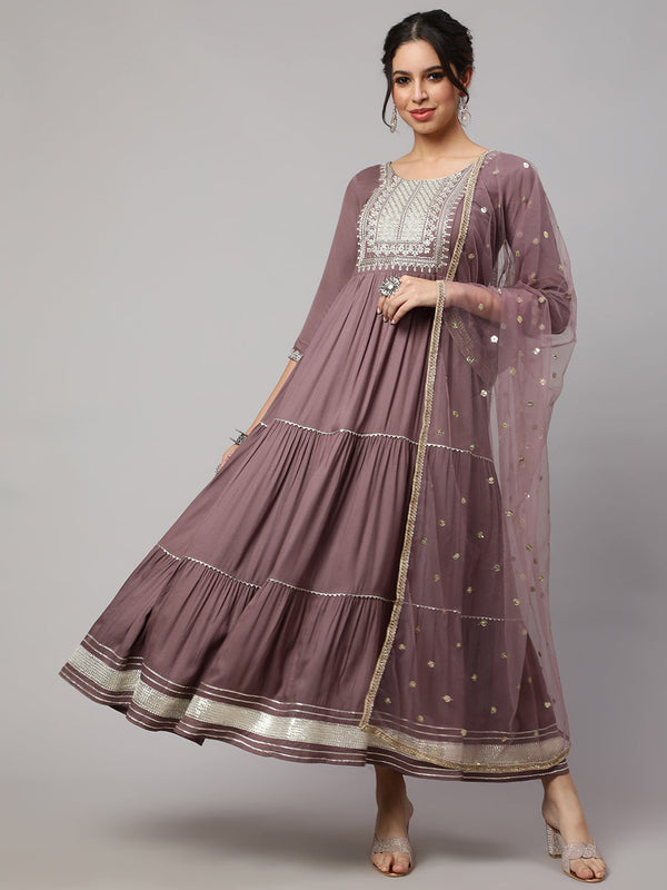 Women's Wome Taupe Embroidered Flared Dress With Net Dupatta - Nayo Clothing