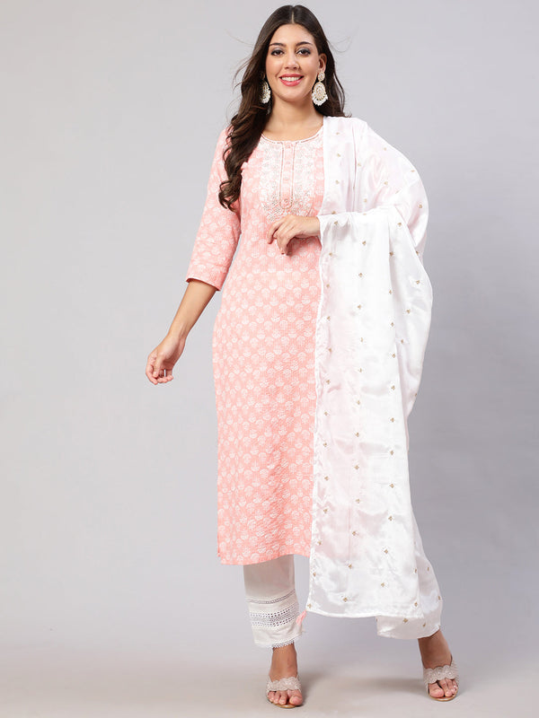 Women's Pink Embroidered Straight Kurta With Trouser And Dupatta  Taantav