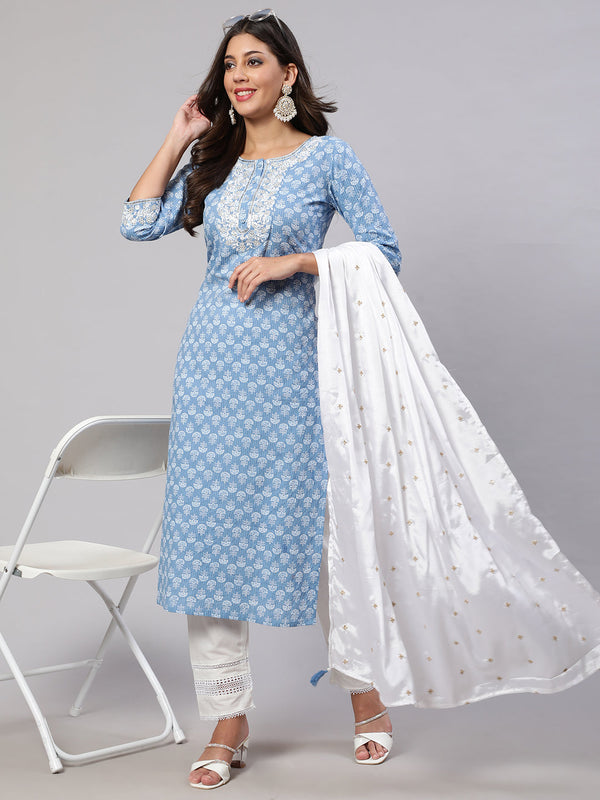 Women's Blue Embroidered Straight Kurta With Trouser And Dupatta - Taantav