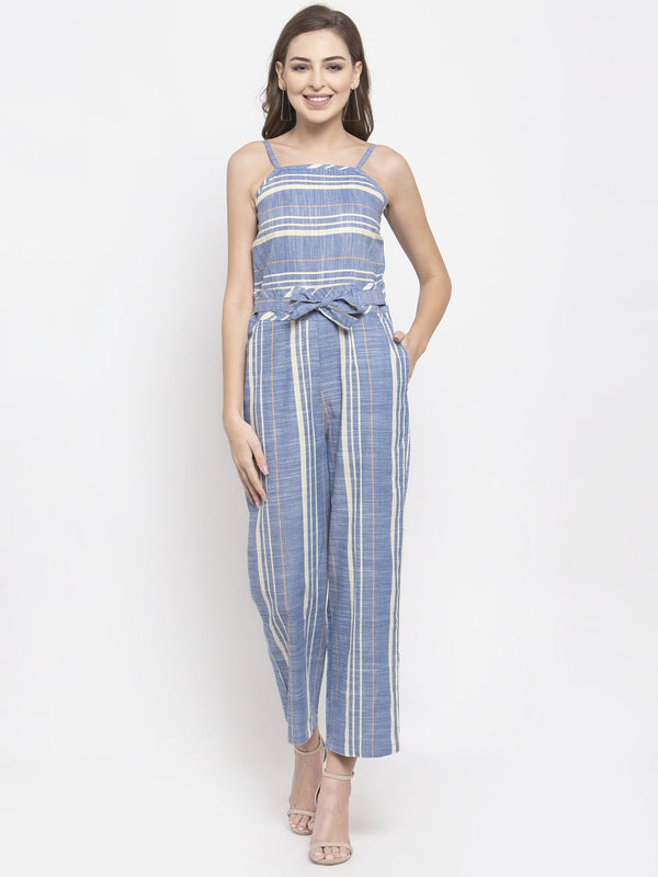 Women Blue & Off-White Striped Basic Jumpsuit