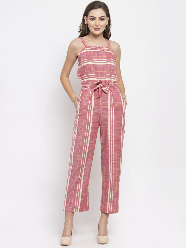 Women Red & Off-White Striped Basic Jumpsuit