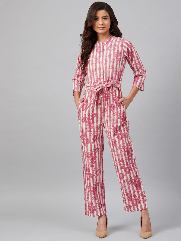 Jashvi Women Off-White & Pink Striped Mandarin Collar Basic Jumpsuit