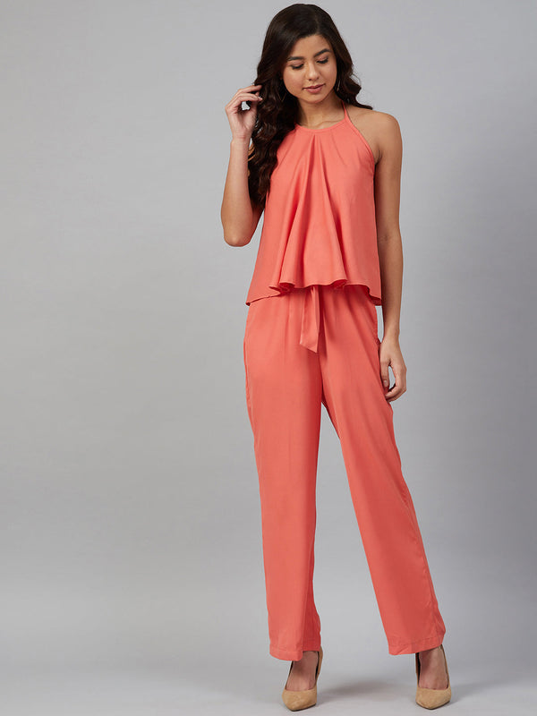 Jashvi Women Peach-Coloured Solid Halter Neck Basic Jumpsuit