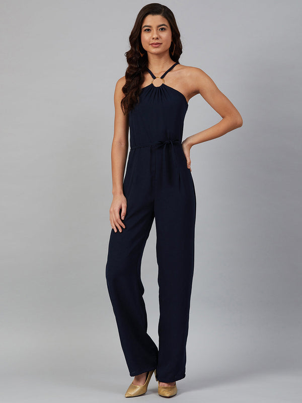 Jashvi Women Navy Blue Solid Basic Halter Neck Basic Jumpsuit