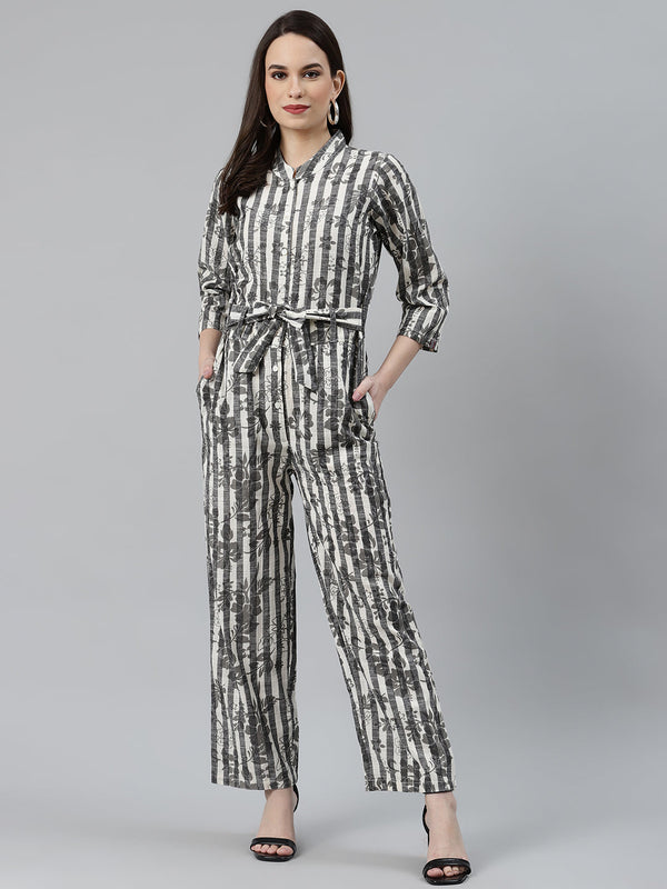 Jashvi Women Off-White & Grey Striped Mandarin Collar Basic Jumpsuit