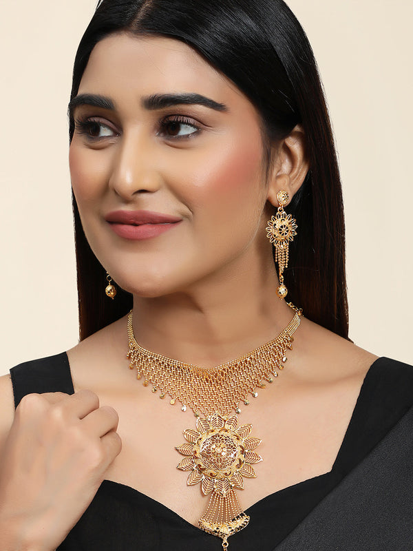 Women's 22K Gold Plated Jaal Work Floral Traditional Brass Full Neck Cover Jewellery Set - Anikas Creation