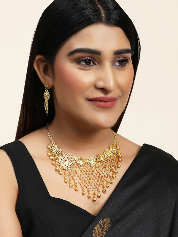 Women's Gold Plated Jaal Work Peacock Traditional Brass Full Neck Cover Jewellery Set - Anikas Creation