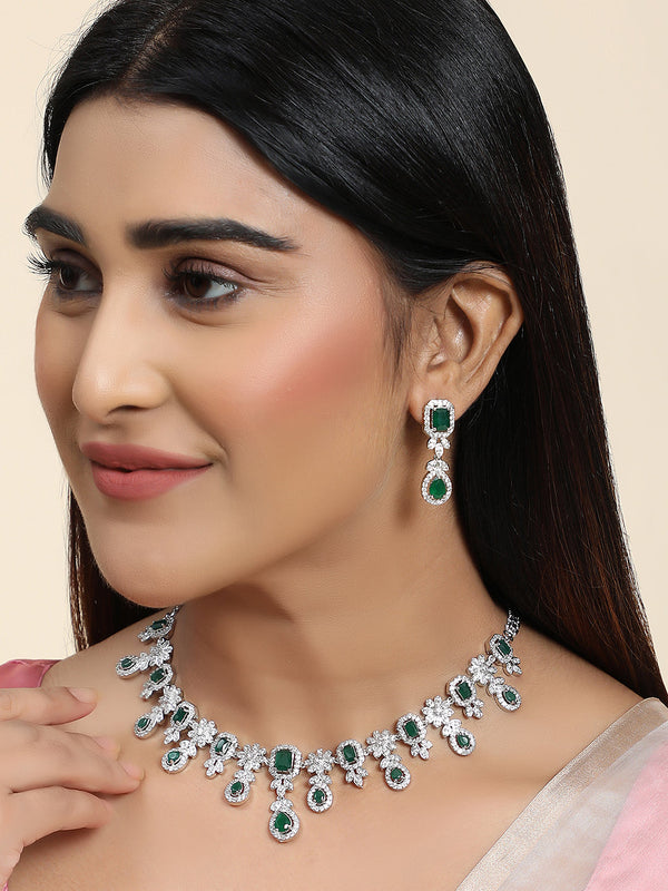 Women's Silver Plated AD & Emerald Green Stone Studded Jewellery Set - Anikas Creation