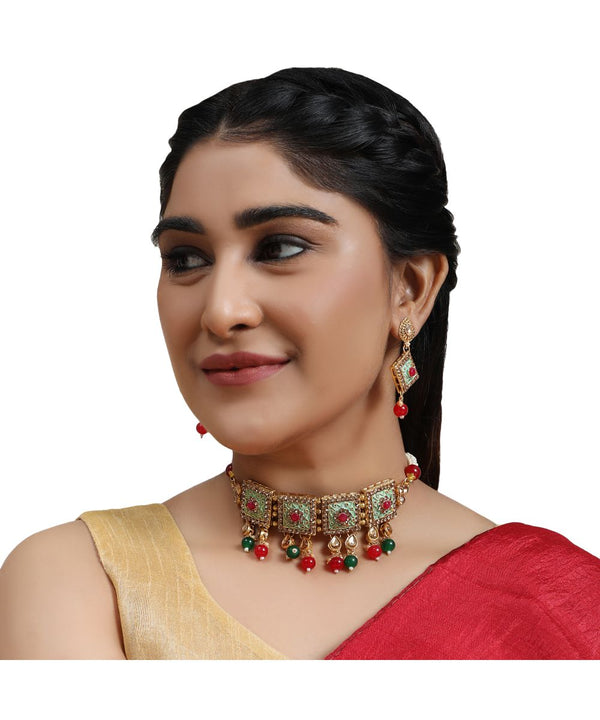 Women's Traditional Gold Plated Enameled Square Shaped Stone and Pearl Studded Choker and Earring Set - MODE MANIA