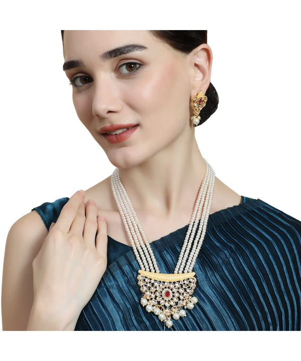 Women's Statement Heavy Ornamental Kundan Studded Pearl Layered Hanging Necklace with Earring Set - MODE MANIA