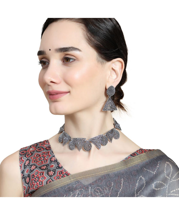 Women's Classic Oxidised Triangle shaped Neck Choker with Earring Set - MODE MANIA