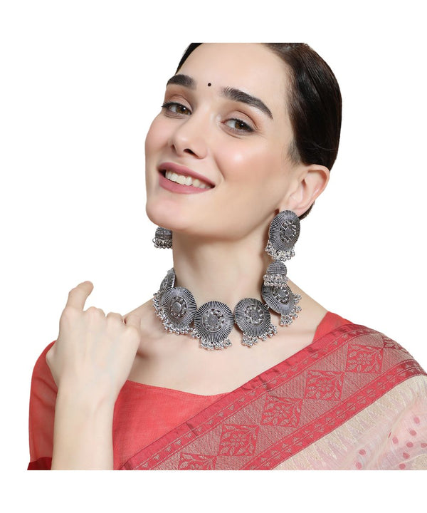 Women's Statement Oxidised Round shaped Choker Neck piece with Jhumka Earring Set - MODE MANIA