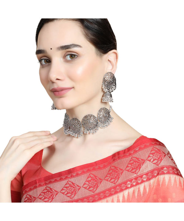 Women's Designer Oxidised Round Shaped Choker with Contemporary Jhumka Earring and Maang-tikka Set - MODE MANIA