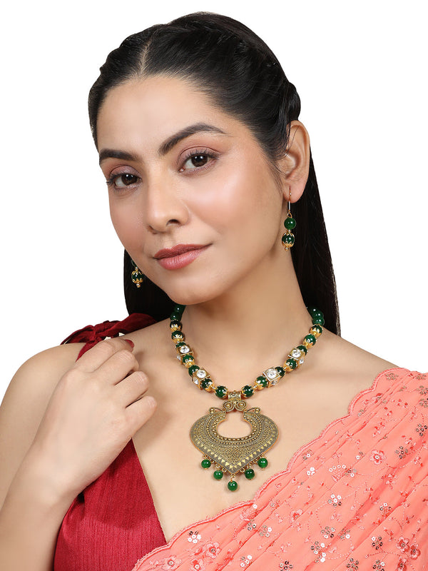 Women's/Girls Contemporary Gold Plated Leaf Shaped Pendant And Earring Set Studded With Beads - Mode Mania