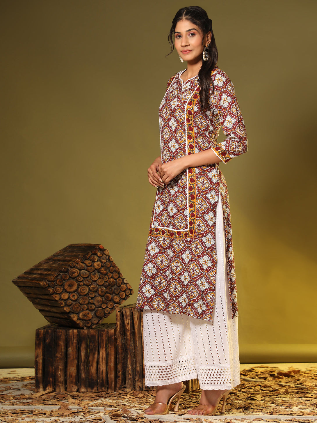 Women's Printed Straight Cotton Red Stitched Kurta - Vbuyz