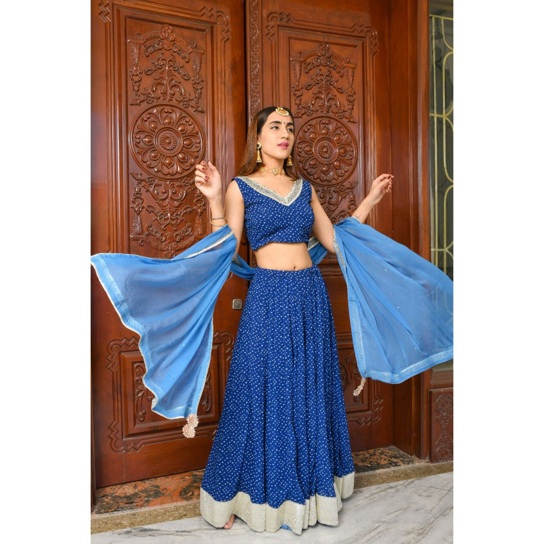 Women's Blue Bandhani Lehenga Set - Rangpur