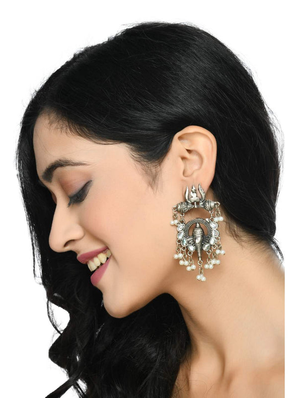 Johar Kamal Ganesh Design Silver Color Earrings Jhumkas Jker_090