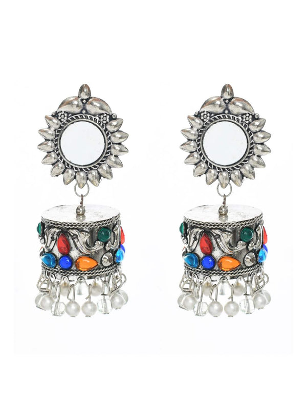 Johar Kamal Silver color Earrings with multi Pearls & mirror work Jhumkas Jker_093