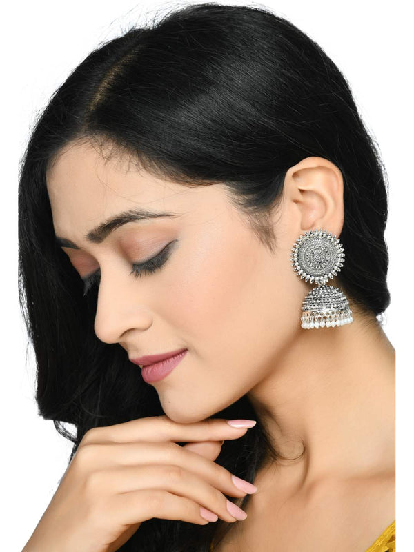 Johar Kamal Silver color Jhumkas with white Pearls Earrings Jker_096