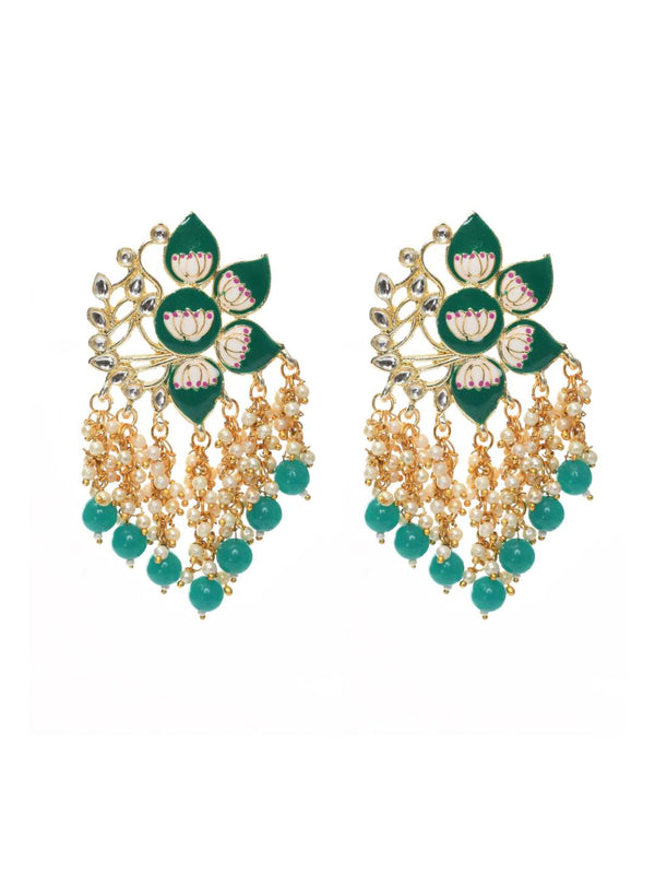 Johar Kamal Women Gold-Plated Kundan Studded, Meenakari Earrings In Floral Pattern Jker_148