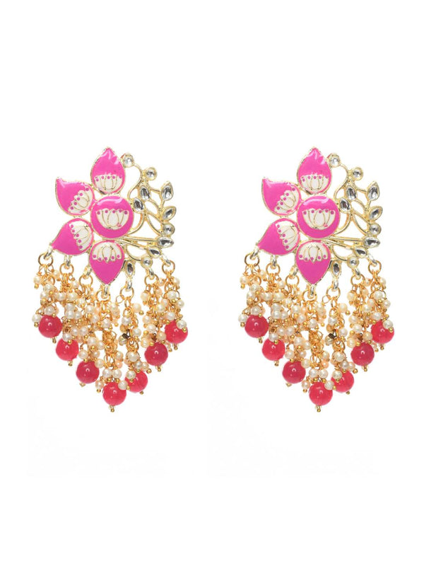 Johar Kamal Women Gold-Plated Kundan Studded, Meenakari Earrings In Floral Pattern Jker_150