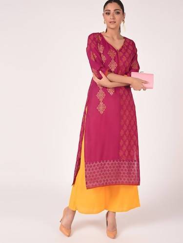 Women's Magenta & Mustard Hand Block Print Straight Kurta With Palazzo Set - Cheera