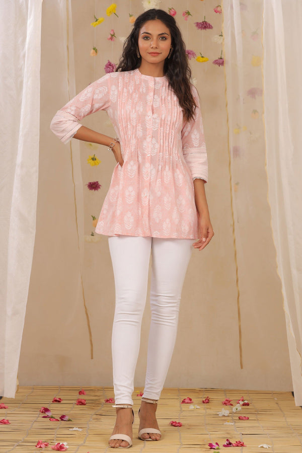 Jashvi Babypink Cambric Printed A-Line Tunic