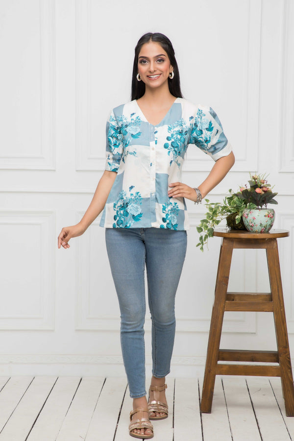 Women's White Floral V-Neck Flutter Sleeves Viscose Rayon Top - Myshka