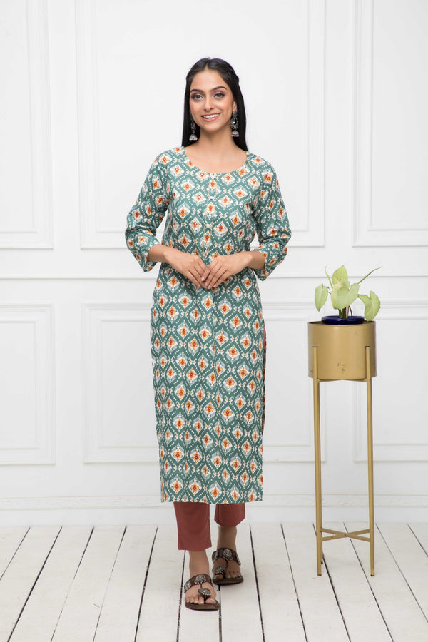 Women's Multi Floral Cotton Straight Round Neck Kurtas - Myshka