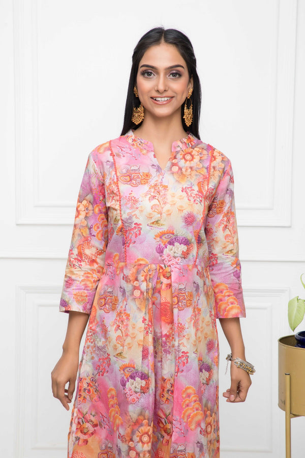 Women's Multi Floral Cotton A-Line Round Neck Kurtas - Myshka