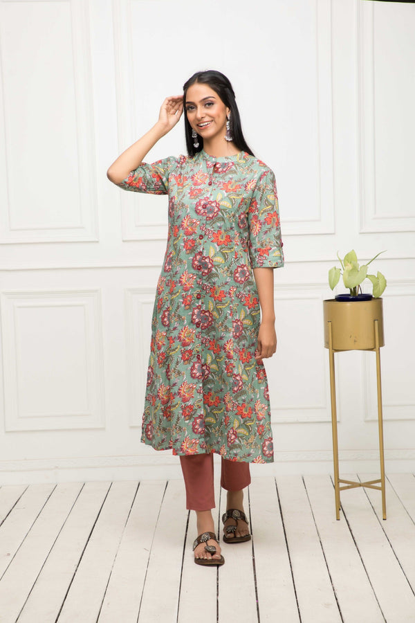 Women's Multi Solid Cotton A-Line Round Neck Kurtas - Myshka