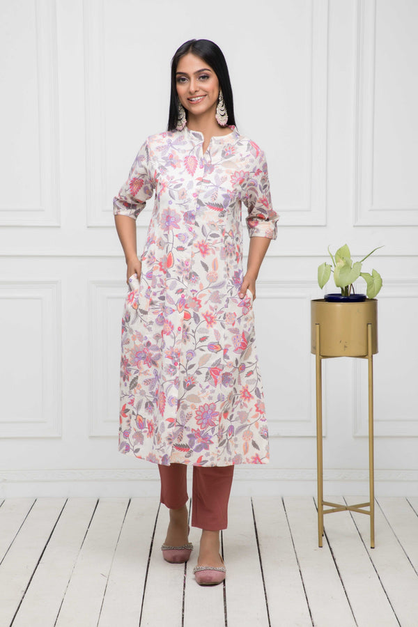 Women's Multi Floral Cotton A-Line Round Neck Kurtas - Myshka