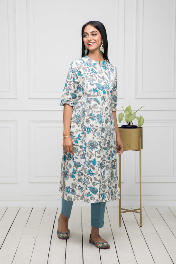 Women's Multi Floral Cotton A-Line Mandarin Collar Kurtas - Myshka